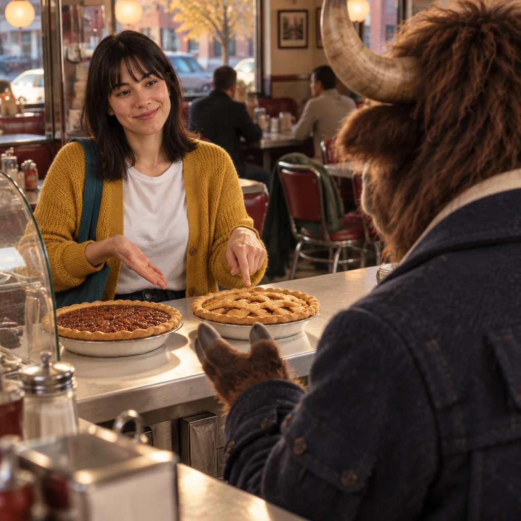 Ana indicates that she likes both pies, then points out the apple pie.