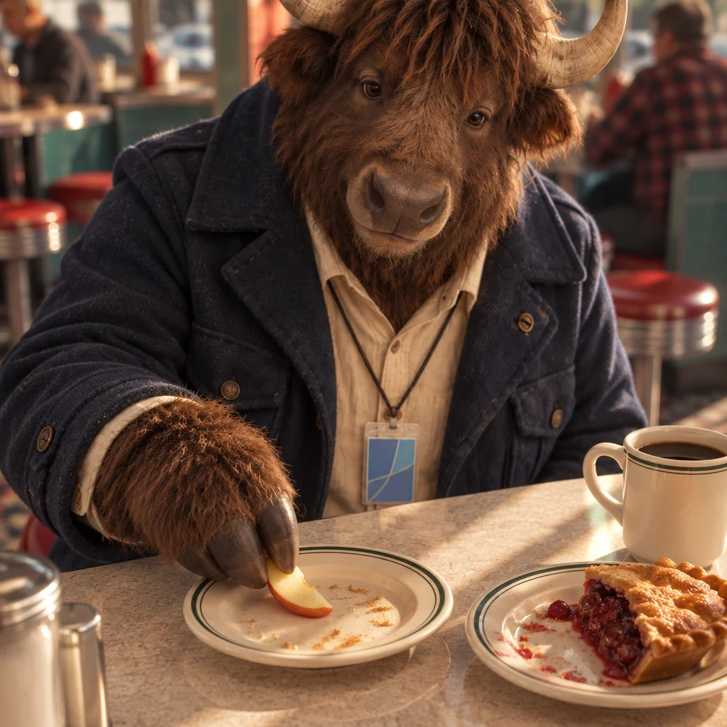 Murray takes the last apple slice while his coffee remains full.