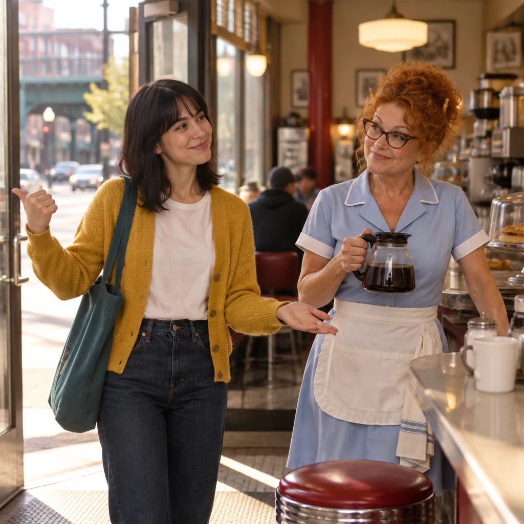 Ana gestures from the street toward Dee and the counter to show her two actions in order.