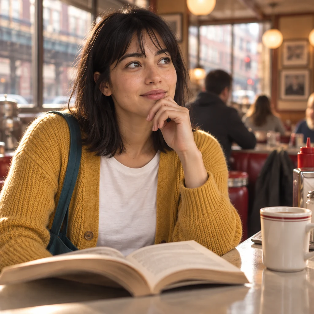 Ana pauses thoughtfully over a book while considering what comes before sleep.
