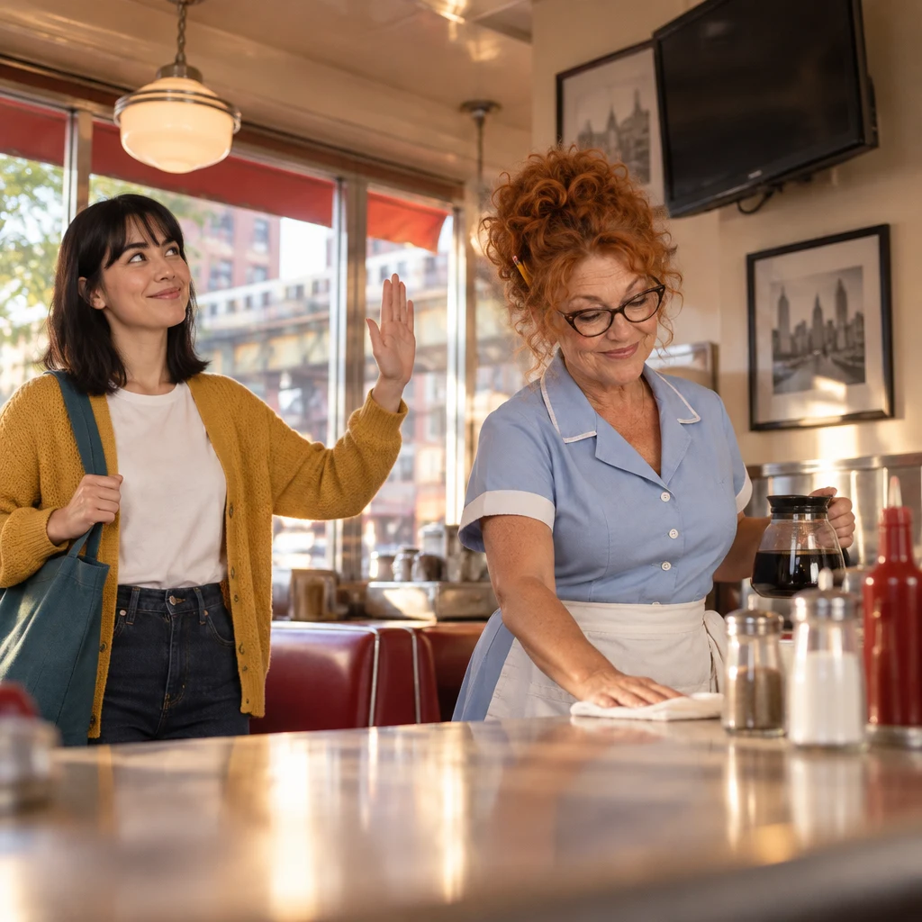 Ana gestures away from the dark television while Dee wipes the counter.