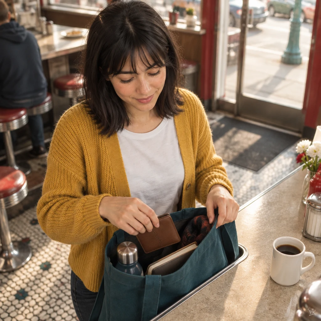 Ana puts things into her bag before going out.