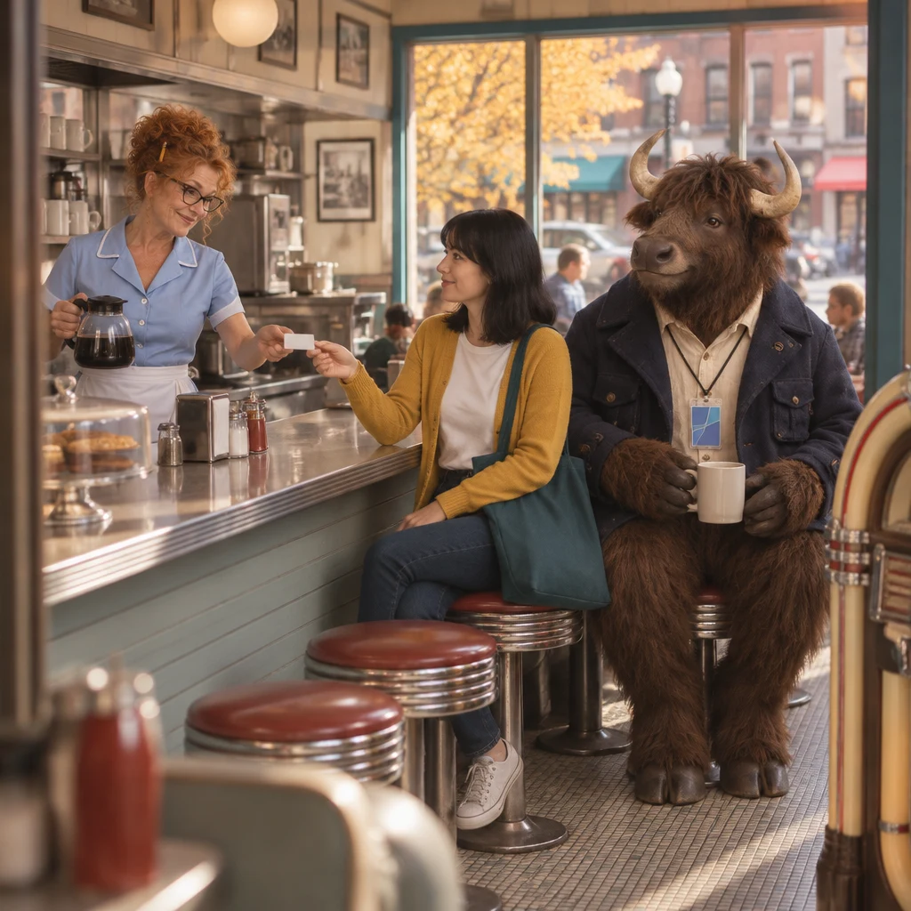 Dee slides a punch card across the diner counter to Ana while Murray sits nearby with his coffee.