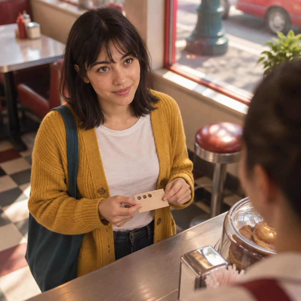 Ana looks at a punch card with only a few visits marked and gestures that they happen several times a month.