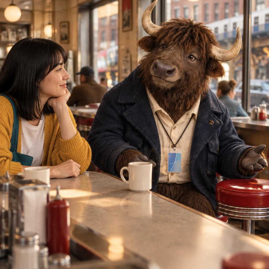Murray gestures to the space around his two stools as Ana listens.
