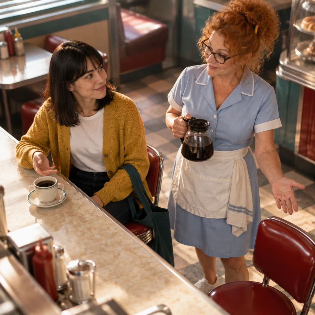 Ana gives Dee a simple reason for coming to the diner, and Dee gestures toward an empty seat.