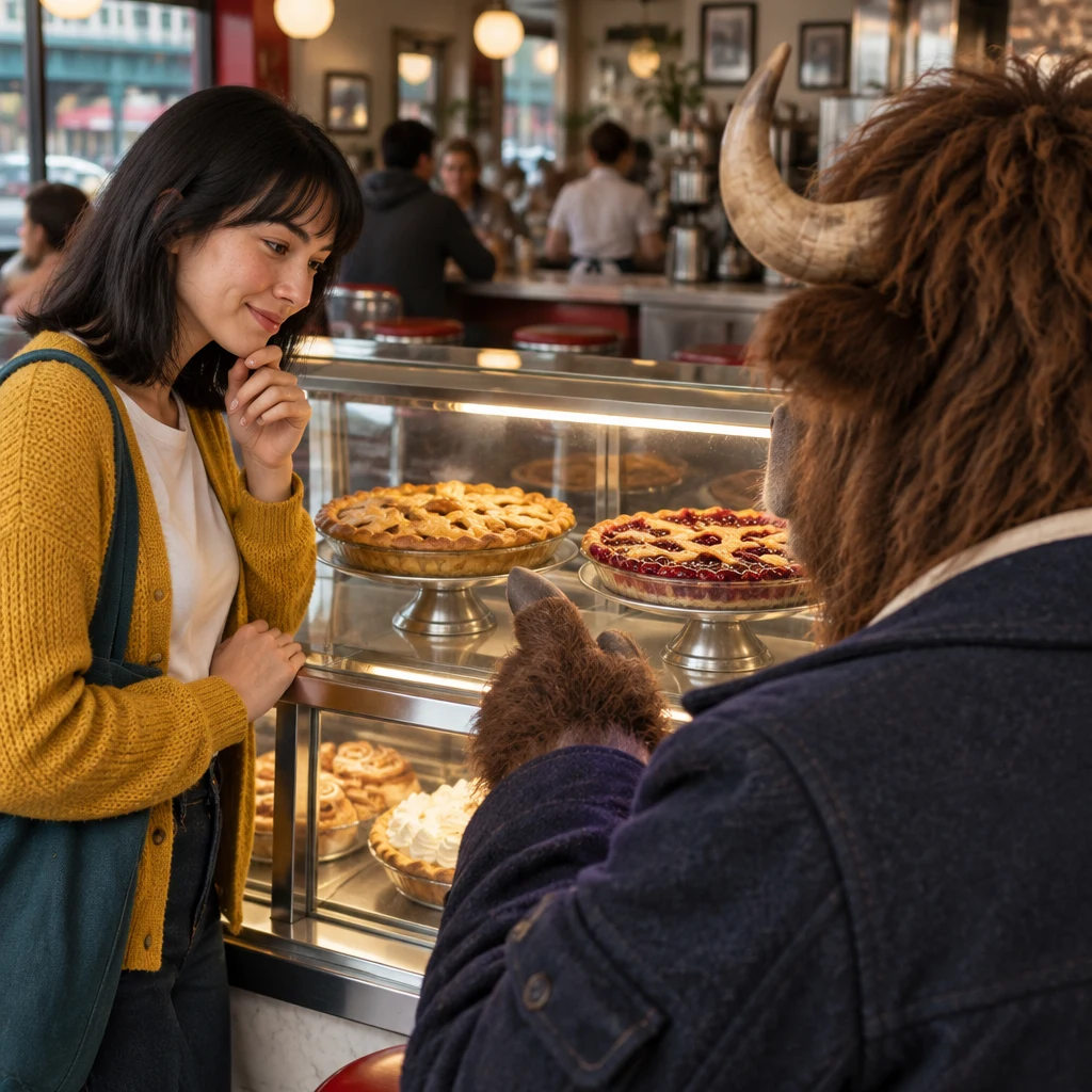 Murray gestures toward the apple pie as his preferred choice beside the cherry pie.