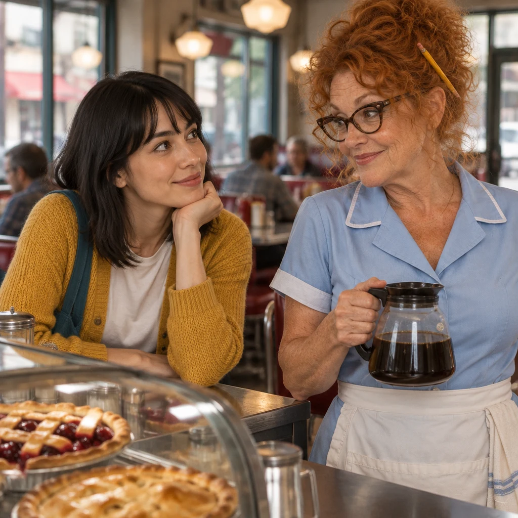 Ana turns from the two pies toward Dee, inviting her to choose the better one.