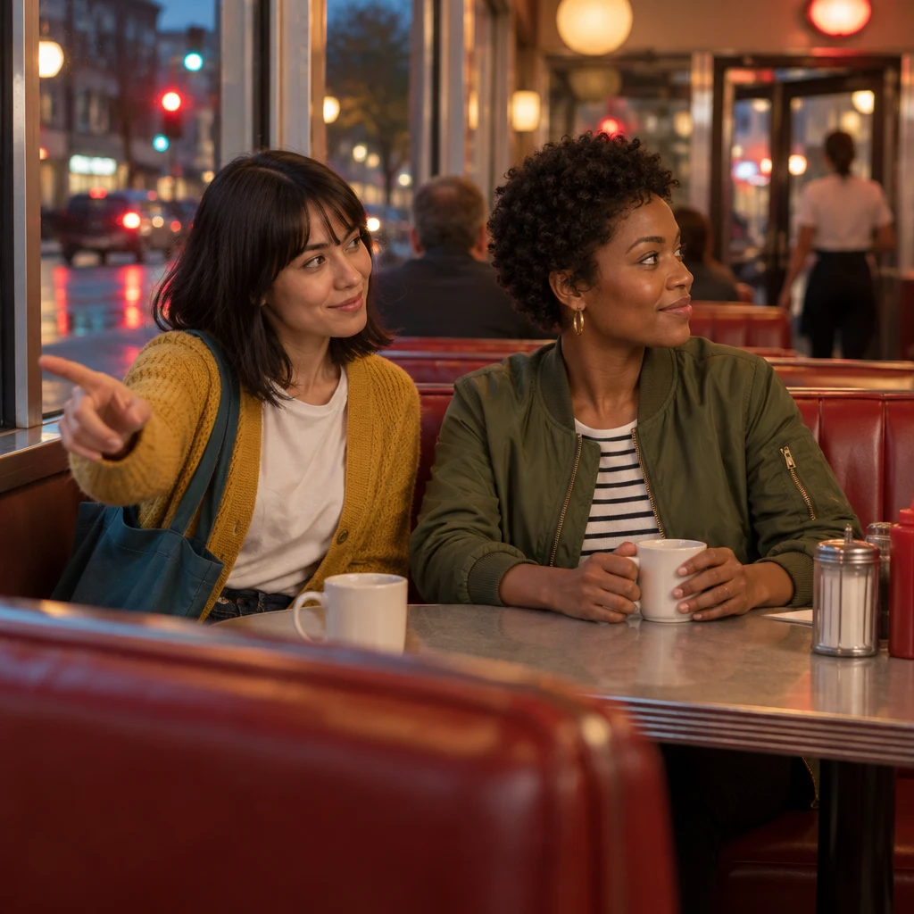 Ana gestures toward the front of the diner as she tells Tasha who to consult first in this situation.