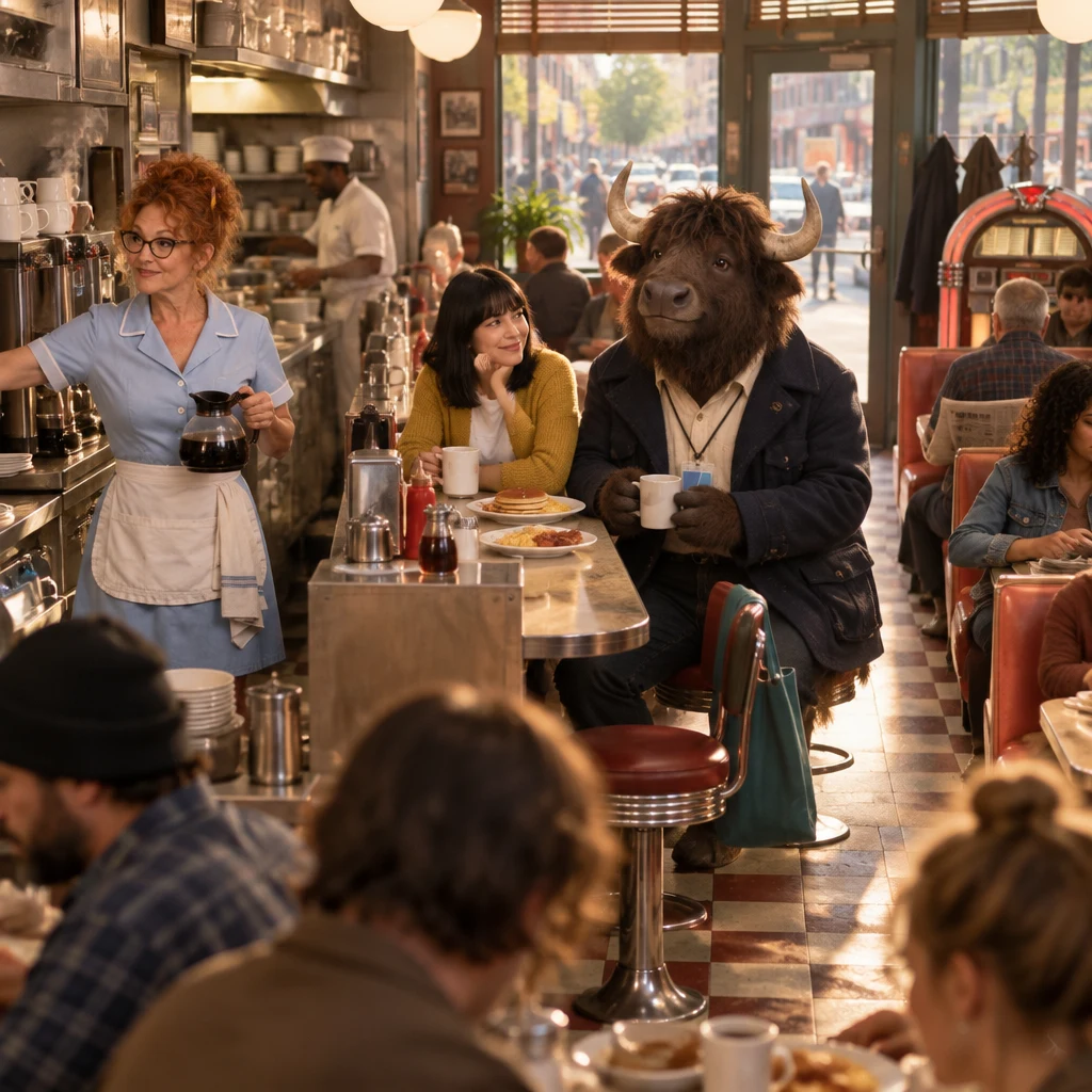 The busy Blue Plate in the morning, with Dee pausing at the coffee machine while Ana and Murray sit together at the counter.