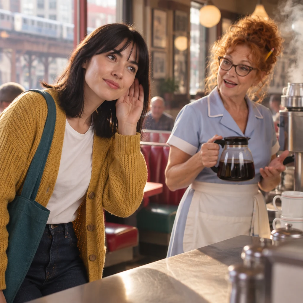 Ana cups a hand near her ear and asks Dee to speak a little louder over the noisy coffee machine.