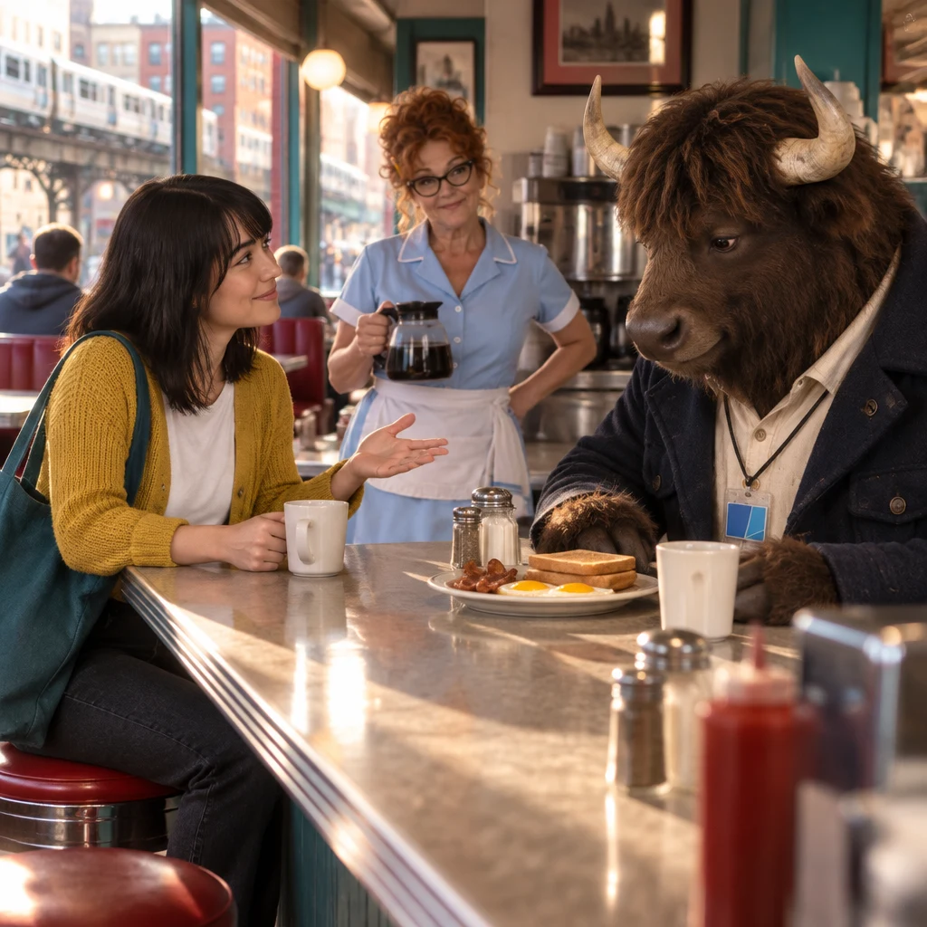 Ana politely corrects Murray after he mistakes her request for an order of his own food, while Dee watches nearby.