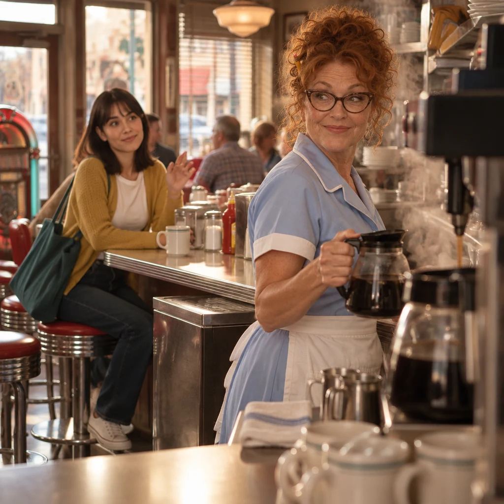 The steaming coffee machine dominates the foreground as Ana pauses after losing track of Dee’s interrupted order.