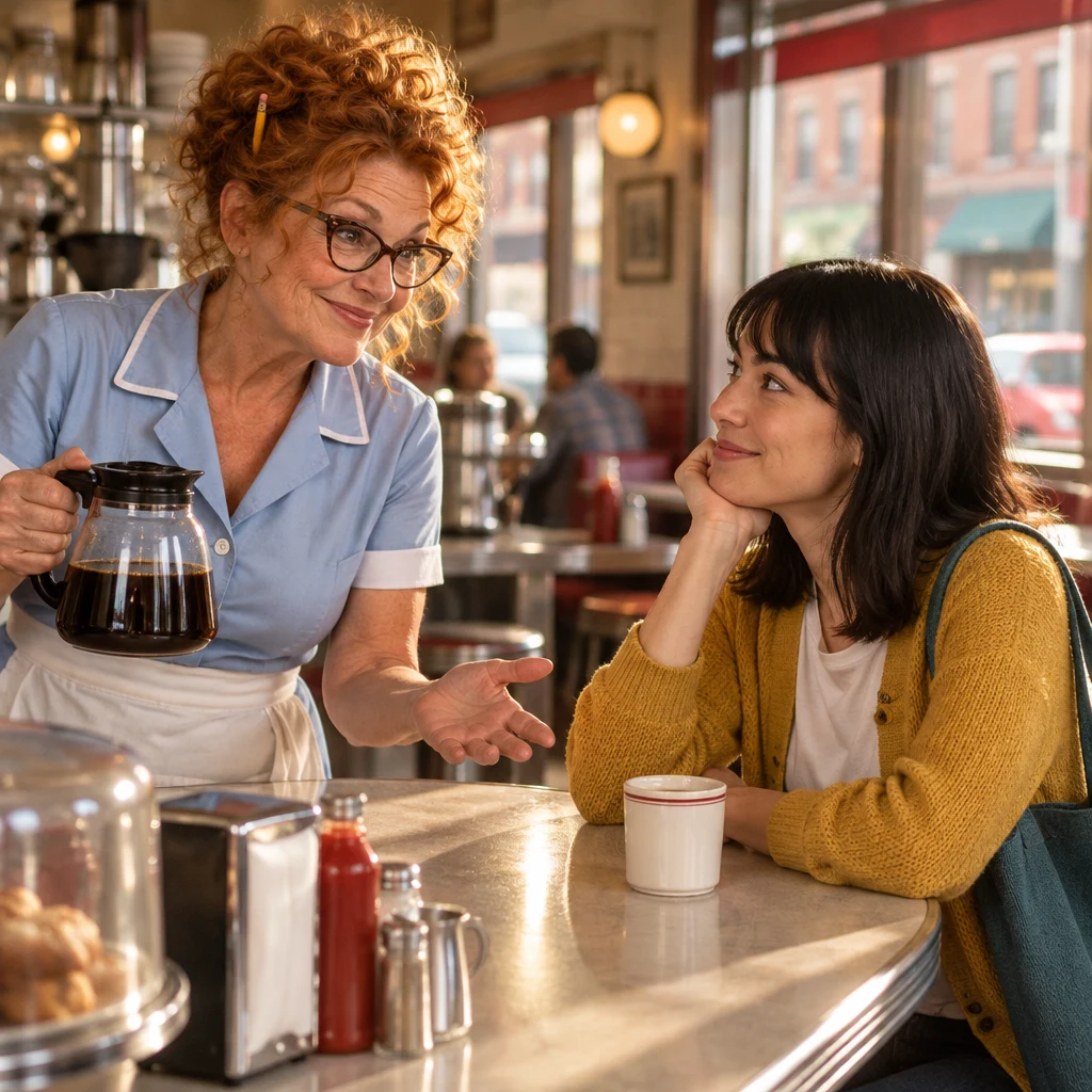 Dee greets Ana and asks her name across the counter.