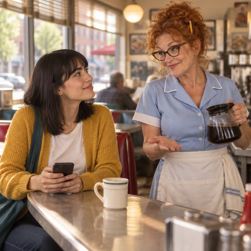 Dee pauses the coffee pour and opens a palm toward Ana as she asks about siblings.