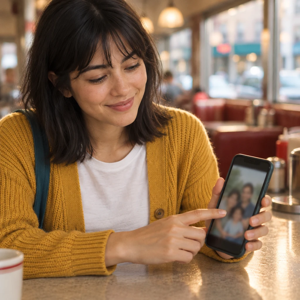 Ana’s finger rests on the family image displayed on her phone.