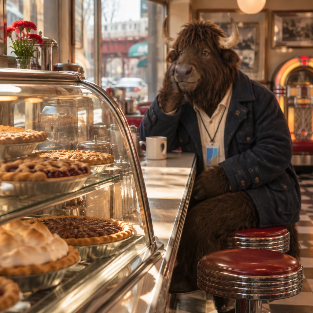 Murray’s attention drifts toward the pie case as his full coffee remains untouched.
