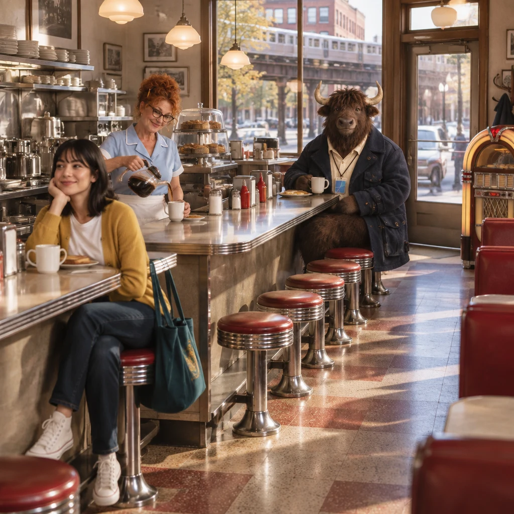 The Blue Plate counter holds the whole conversation as Dee pours coffee, Ana sits nearby, and Murray waits at the end.