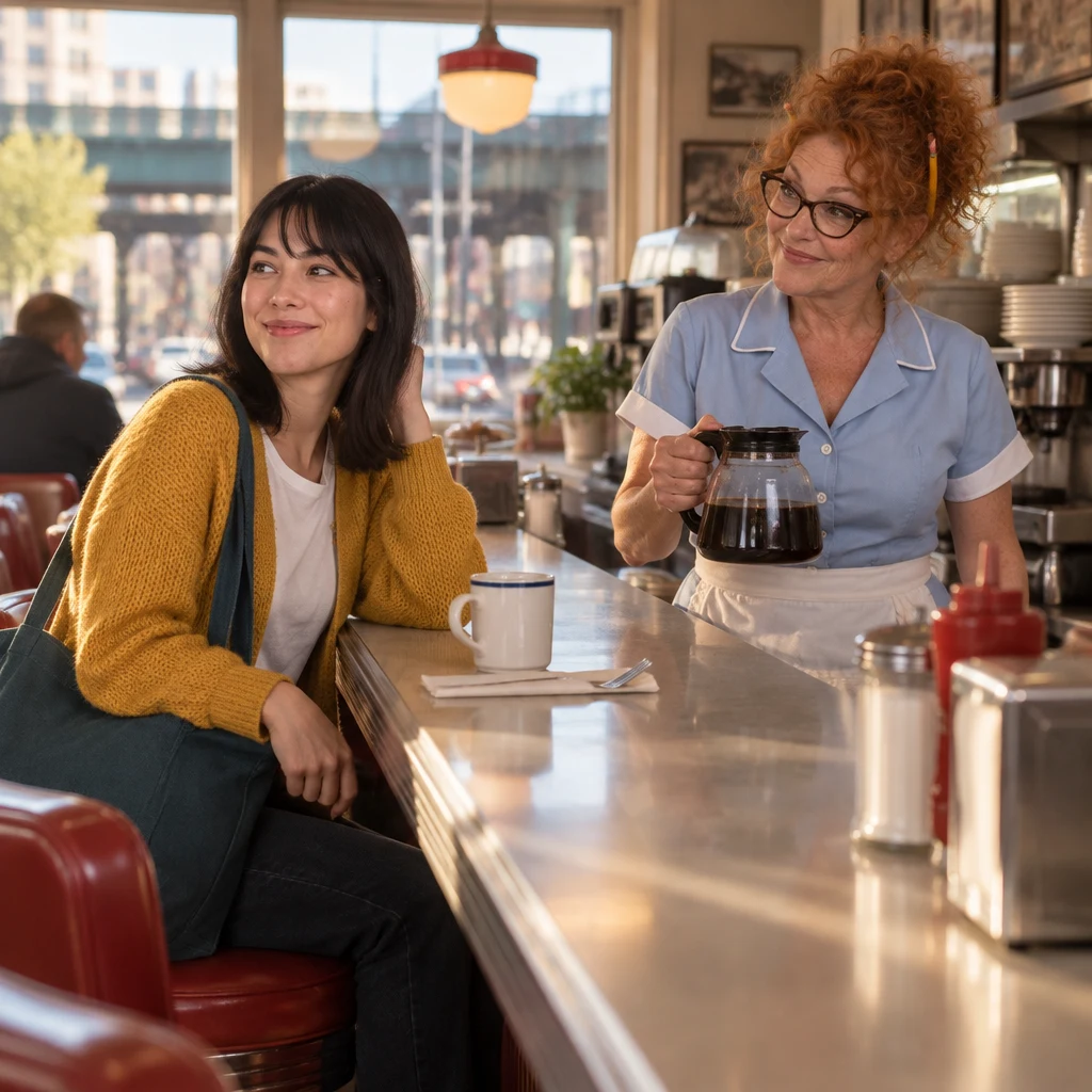 Ana turns toward the bright window as Dee waits across the counter with the coffee pot.