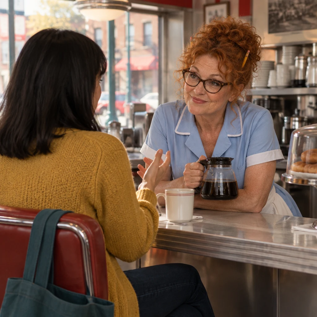 Ana continues her family story while Dee listens from across the counter.