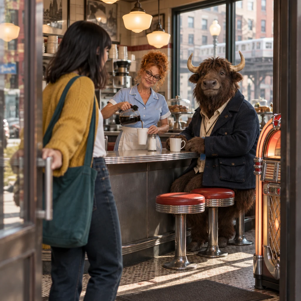 Ana enters the diner as Dee pours a to-go cup and Murray sits with unfinished coffee.