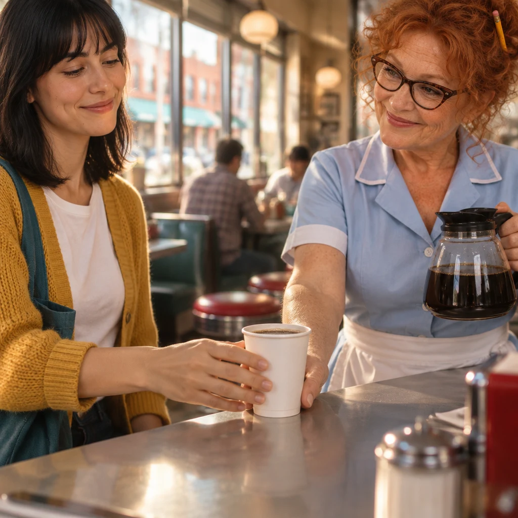 Dee passes a filled to-go cup to Ana at the counter.