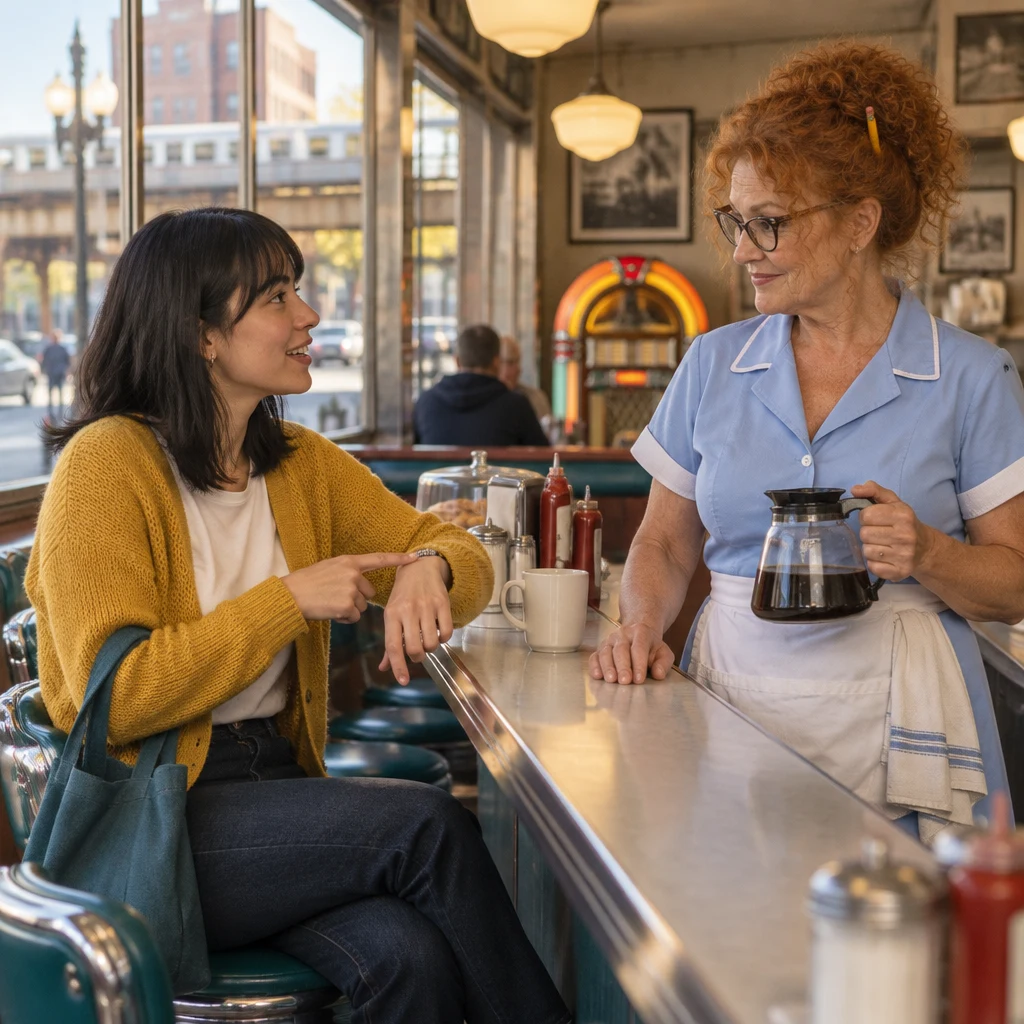 Ana indicates when her workday begins while Dee listens.