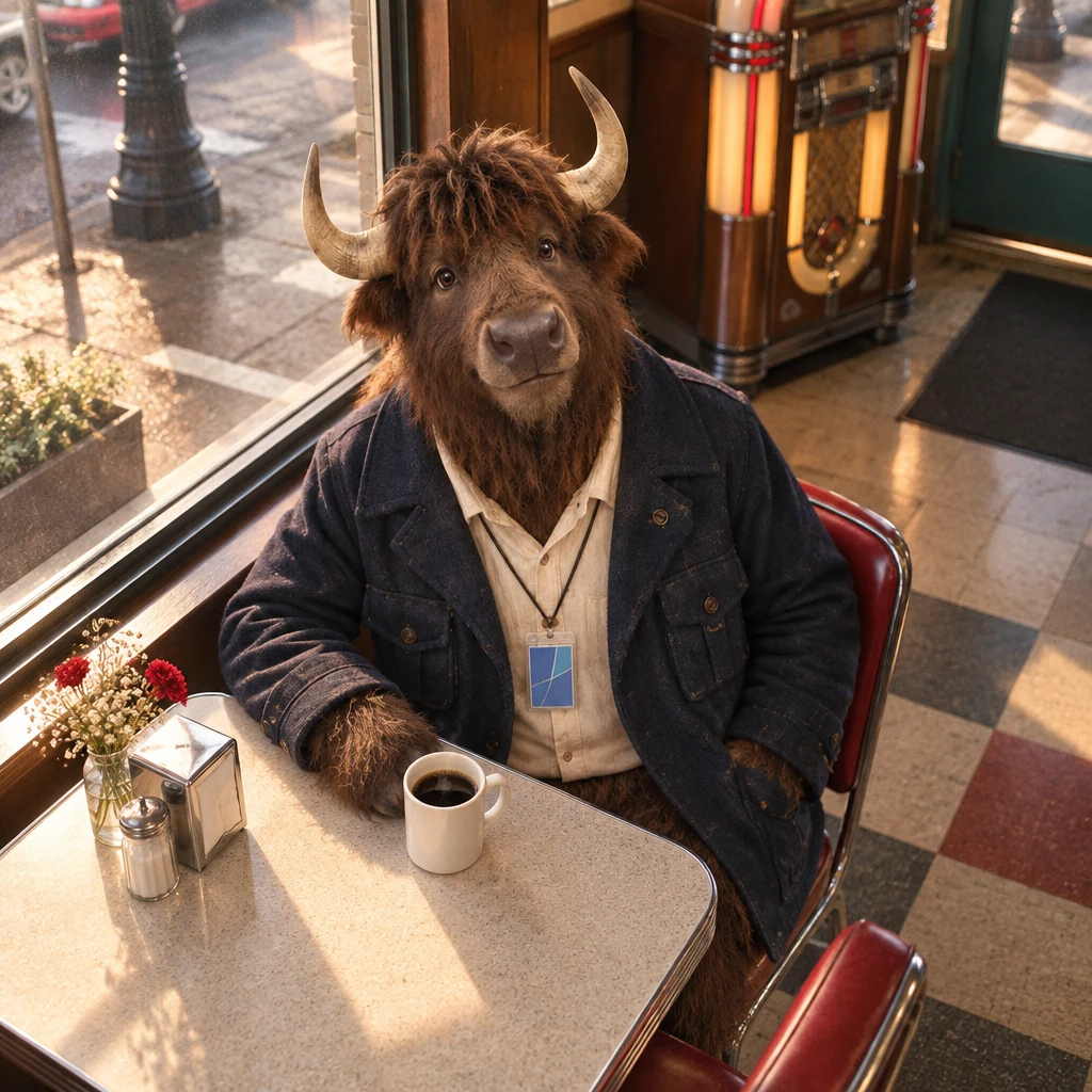 Murray relaxes on paired stools beside his unfinished black coffee.