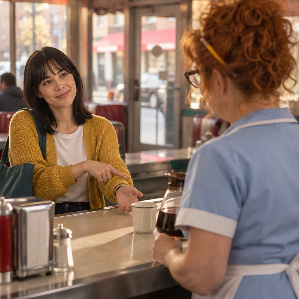 Ana gestures that she will stay at work past her usual finish time as Dee listens.