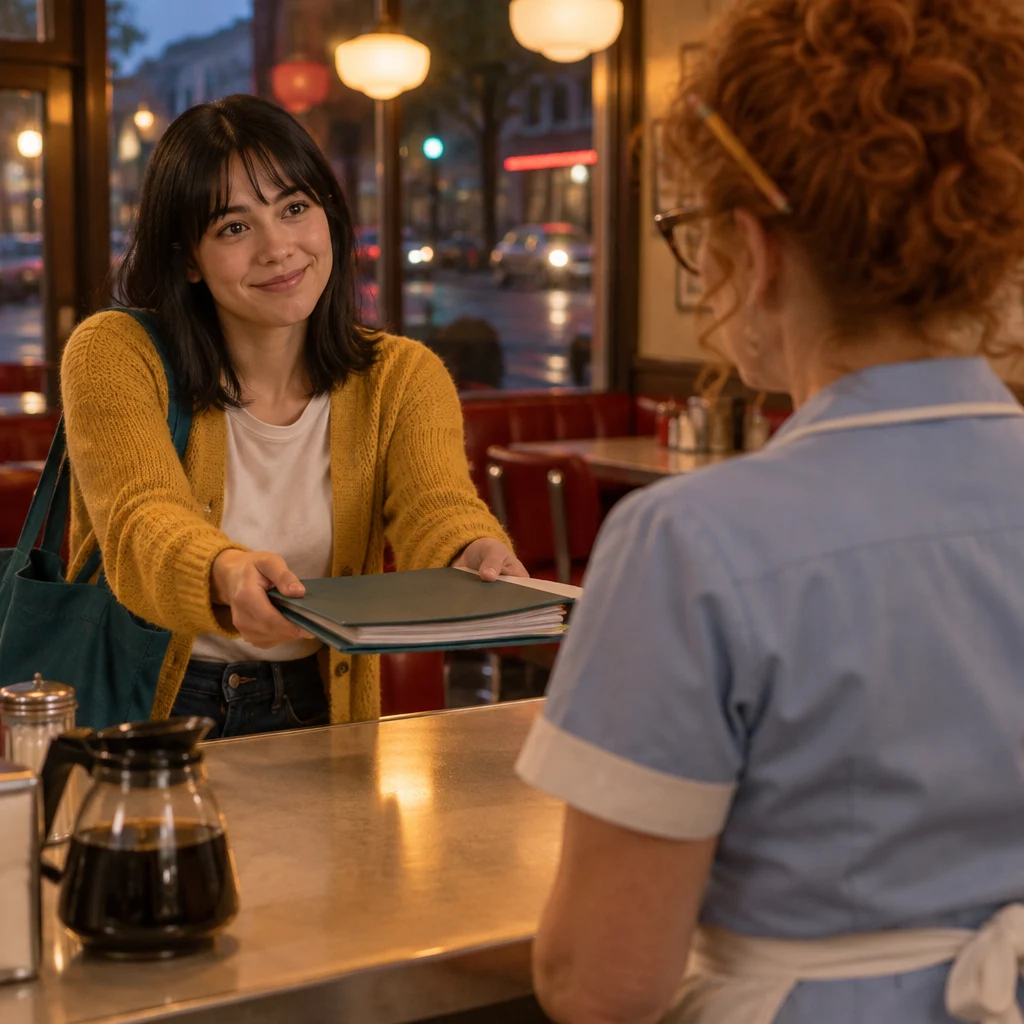 Ana holds her homework folder toward Dee with a hopeful, asking gesture.