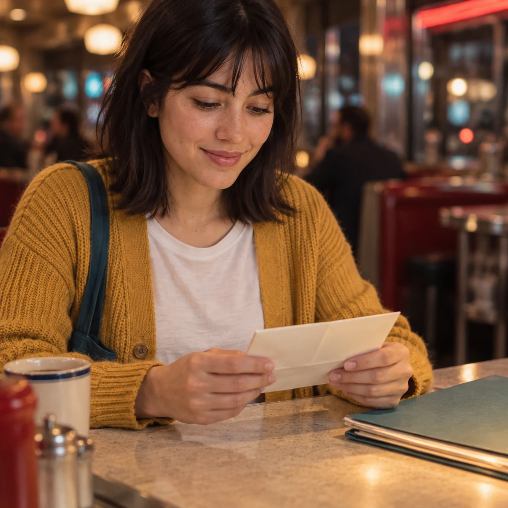 Ana holds a folded paper close while sharing her test score, with no score visible.