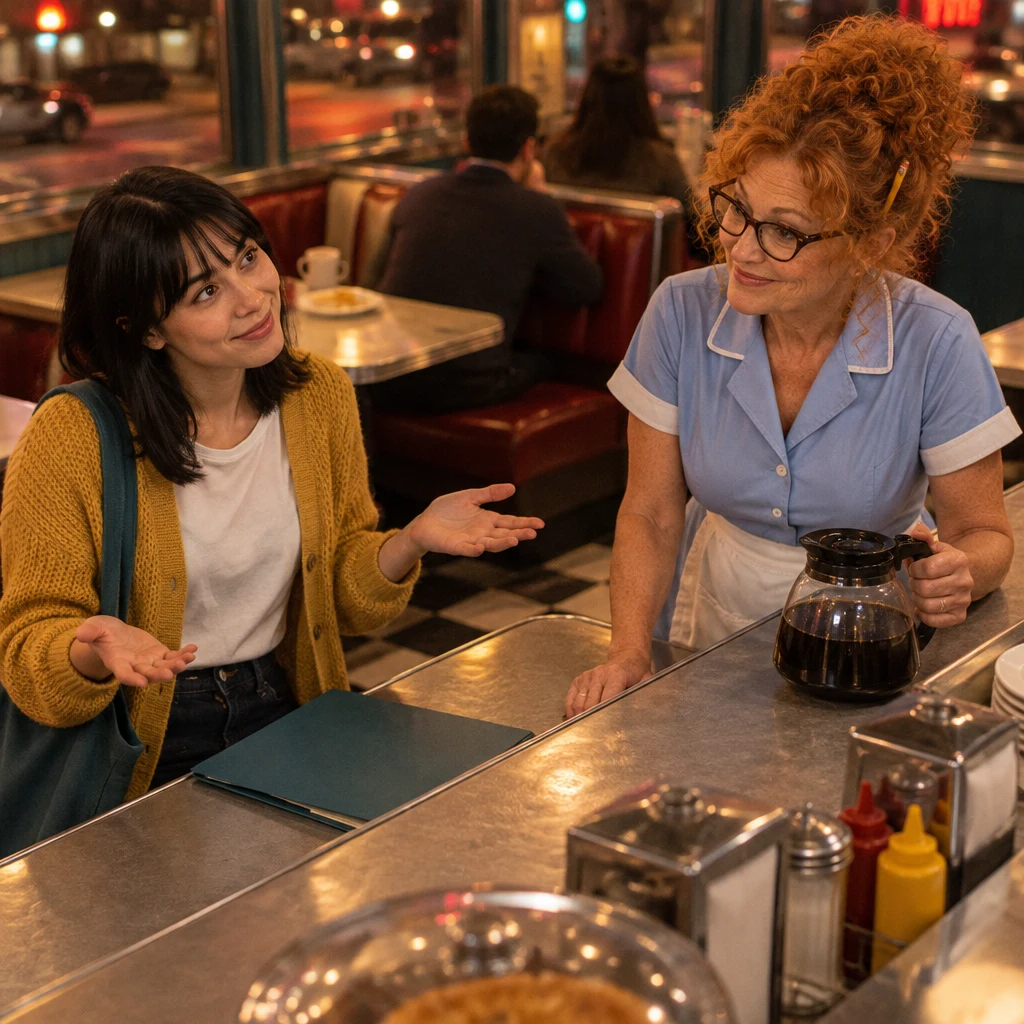 Ana gives Dee an apologetic shrug as she explains that she missed class yesterday.