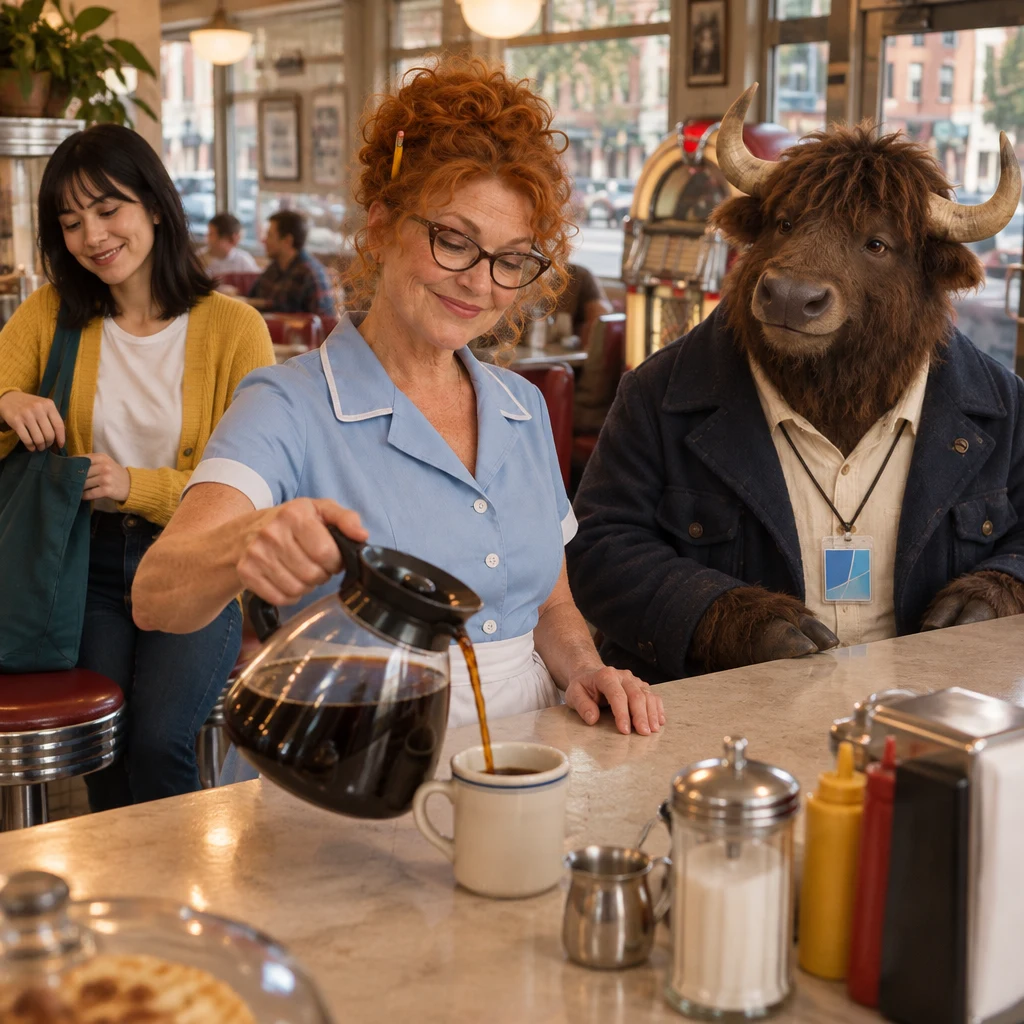 Ana settles her tote by the counter while Dee holds a coffee pot and Murray sits with unfinished black coffee.