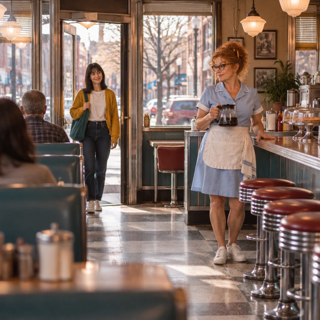 Ana walks into the Blue Plate after work as Dee waits by the counter.