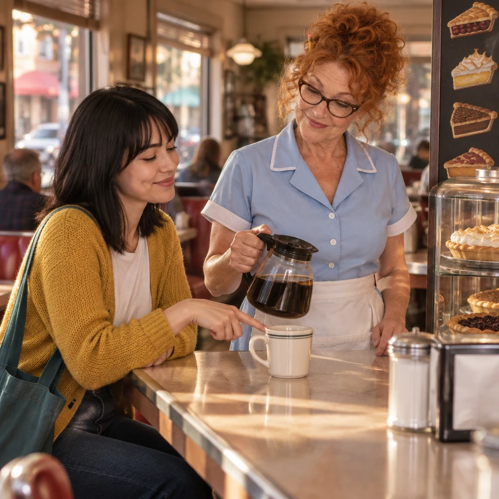 Ana indicates her coffee while Dee turns from the pie case with the coffee pot.