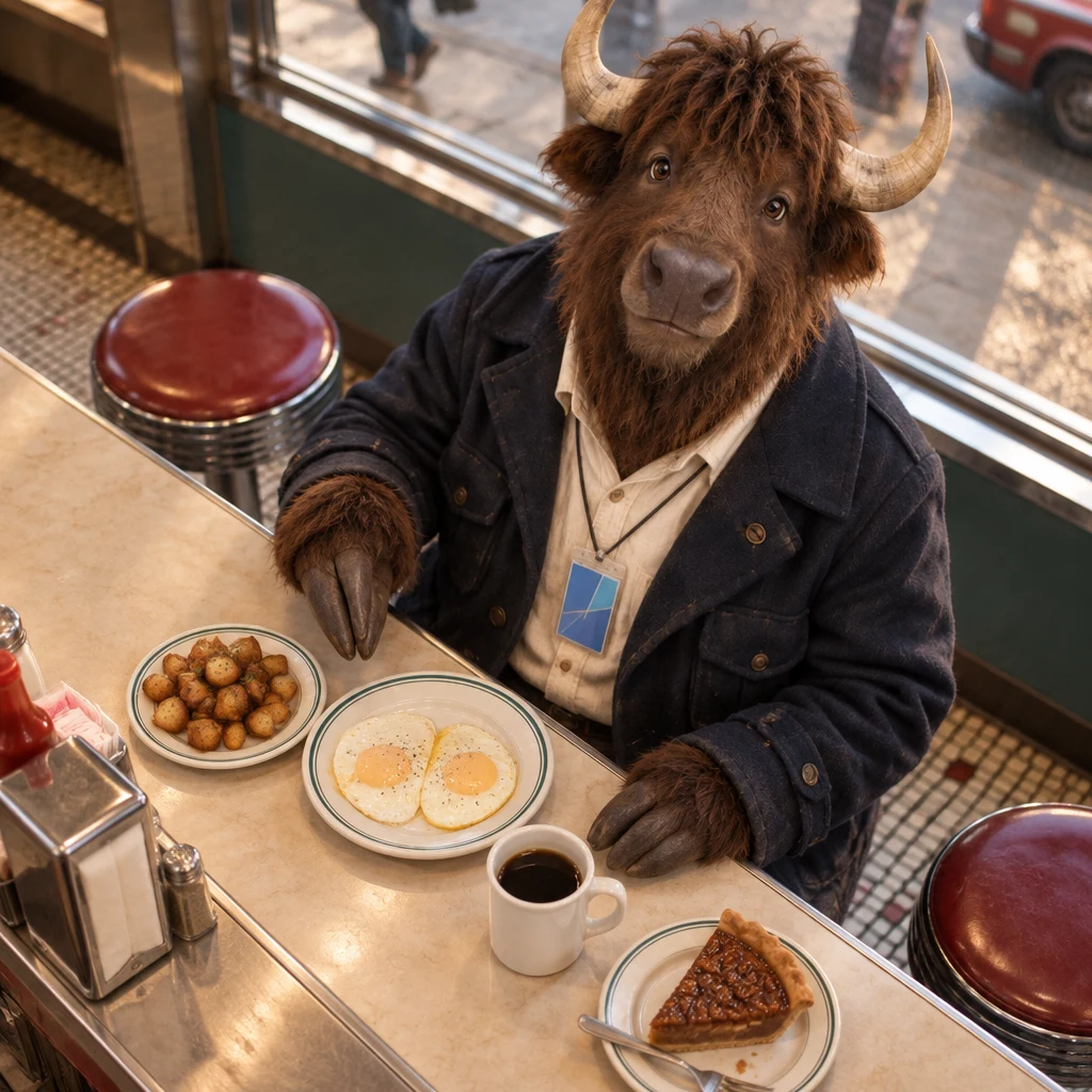 Murray sits back from the fried potatoes and gestures toward the eggs he prefers.