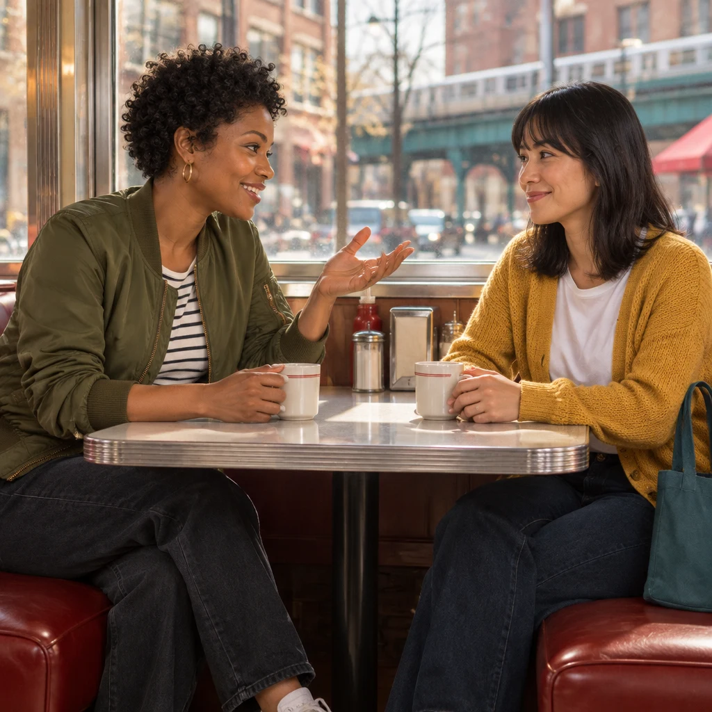 Tasha leans forward to introduce the place visited while Ana listens across the booth table.