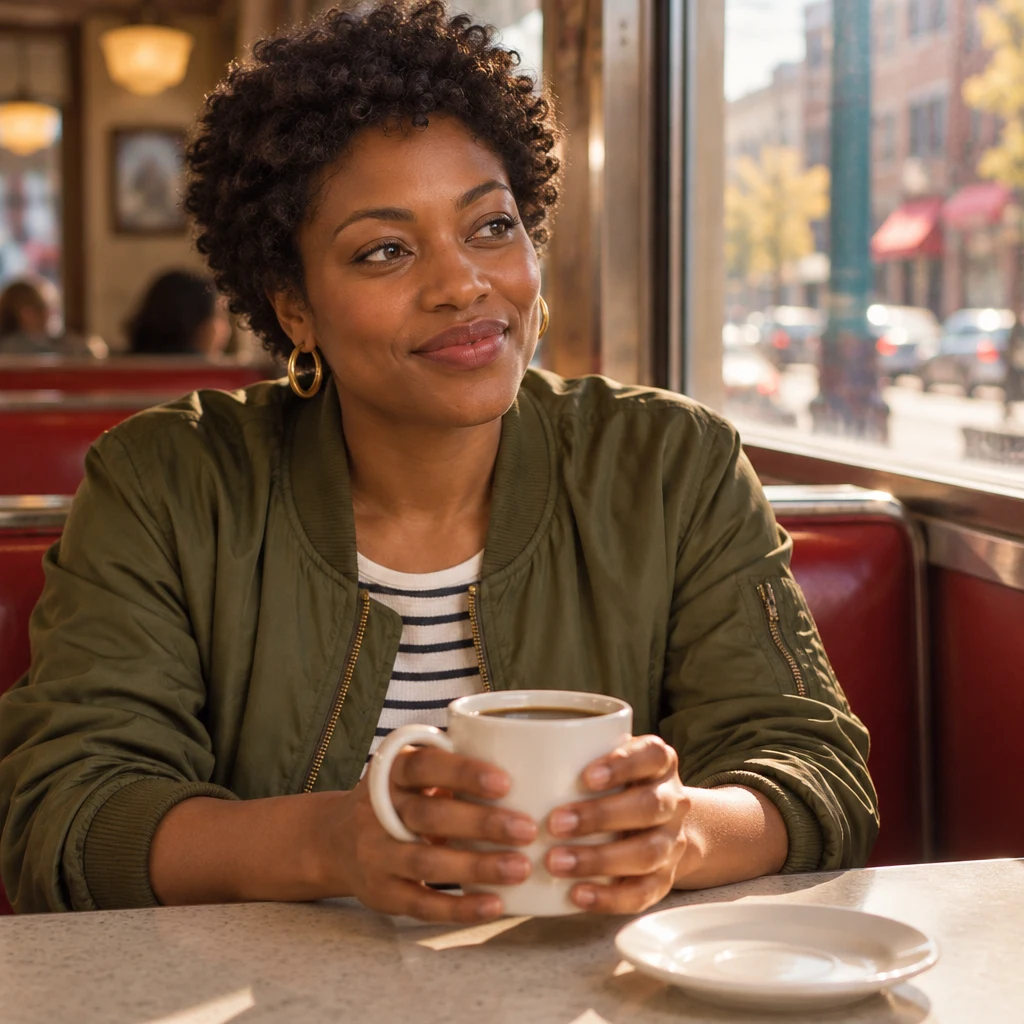 Tasha holds a coffee mug while pausing to choose the favorite part of the trip.
