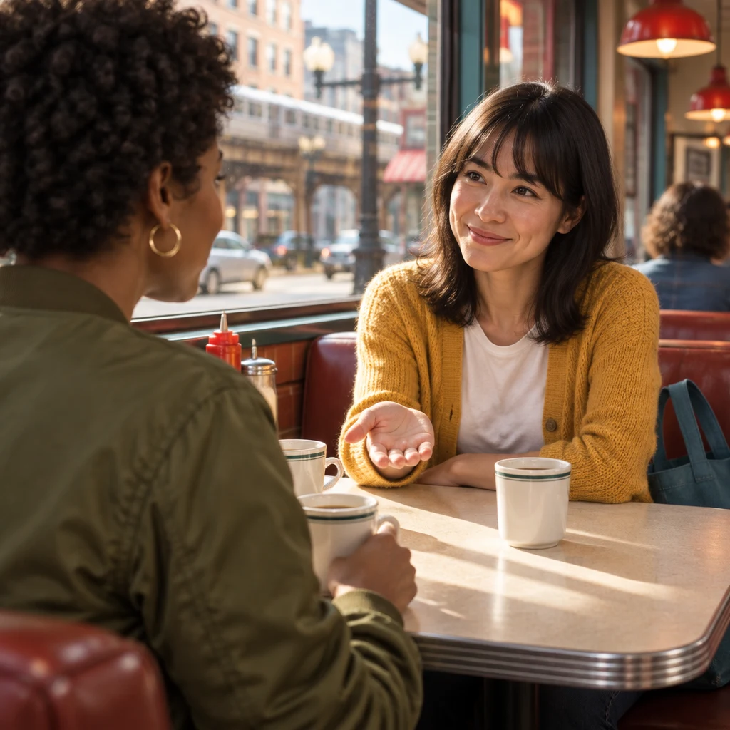Ana leans toward Tasha with an open-handed gesture to ask about the favorite part of the trip.