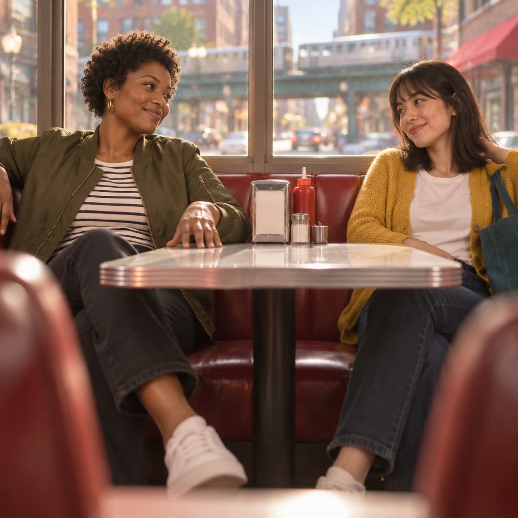 Tasha traces a walking route on the tabletop while Ana shares the pleasure of the memory.