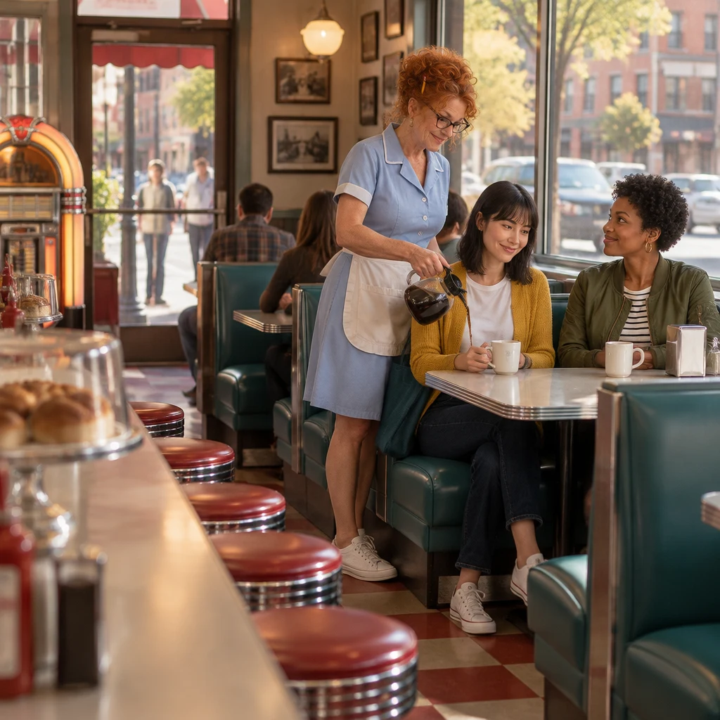 Ana and Tasha sit in the Blue Plate window booth as Dee refills their coffee.