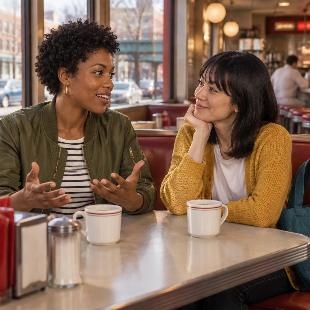 Tasha spreads her hands as she describes how the trip went wrong, and Ana listens.