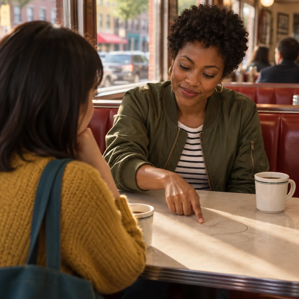 Tasha traces a route on the table and taps the place where she found her way back.