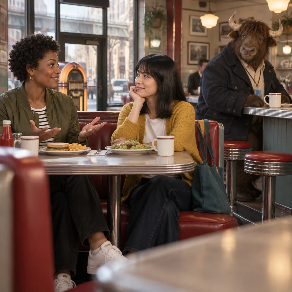 Tasha gestures toward the food as she tells Ana they arrived in time to eat, while Murray nods at the counter.