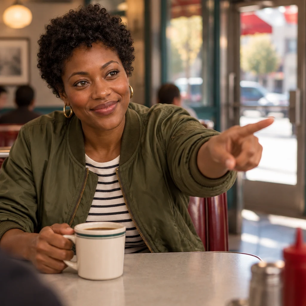 Tasha points toward the diner door as she resolves to leave sooner on her next trip.