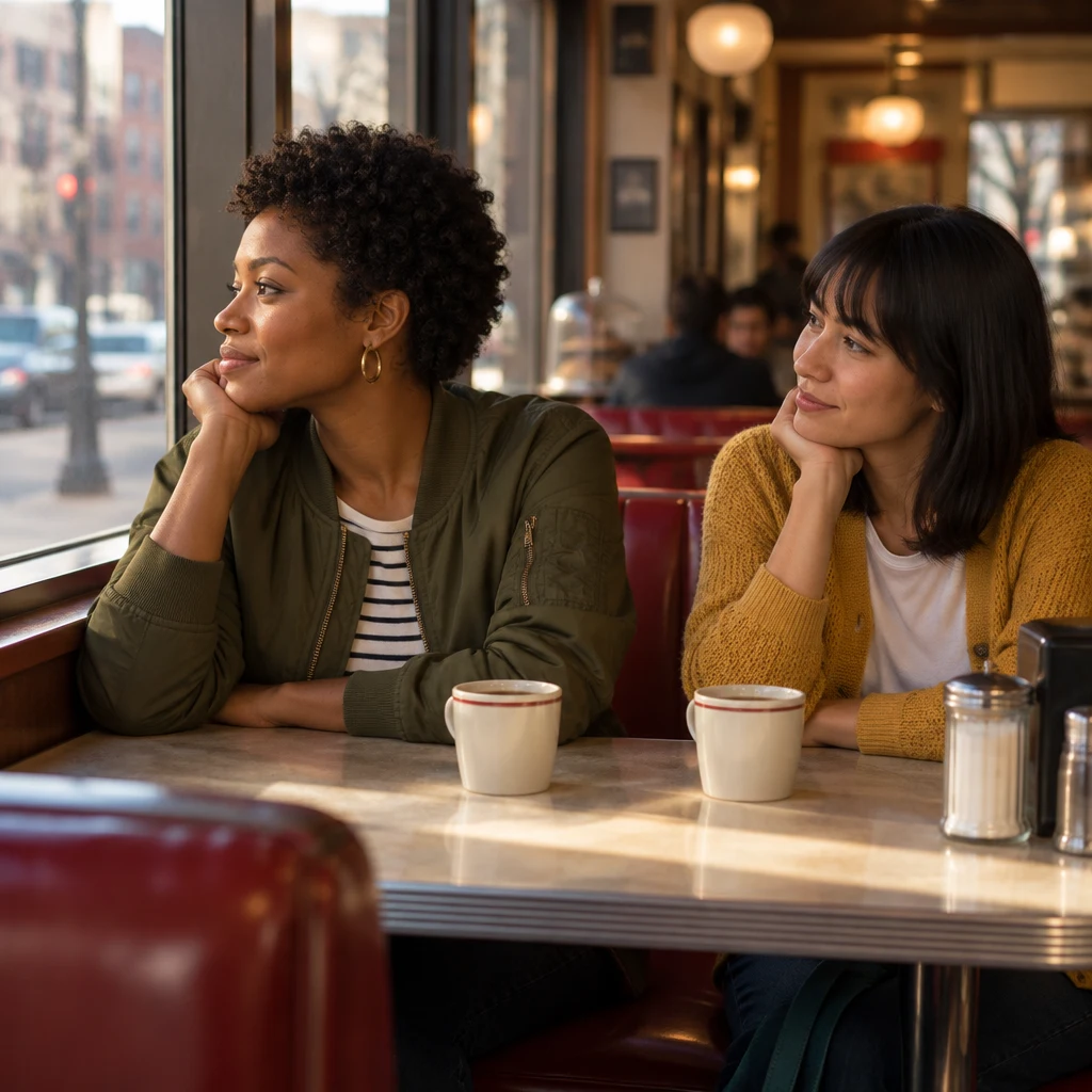 Tasha looks toward the window as Ana listens across the coffees.