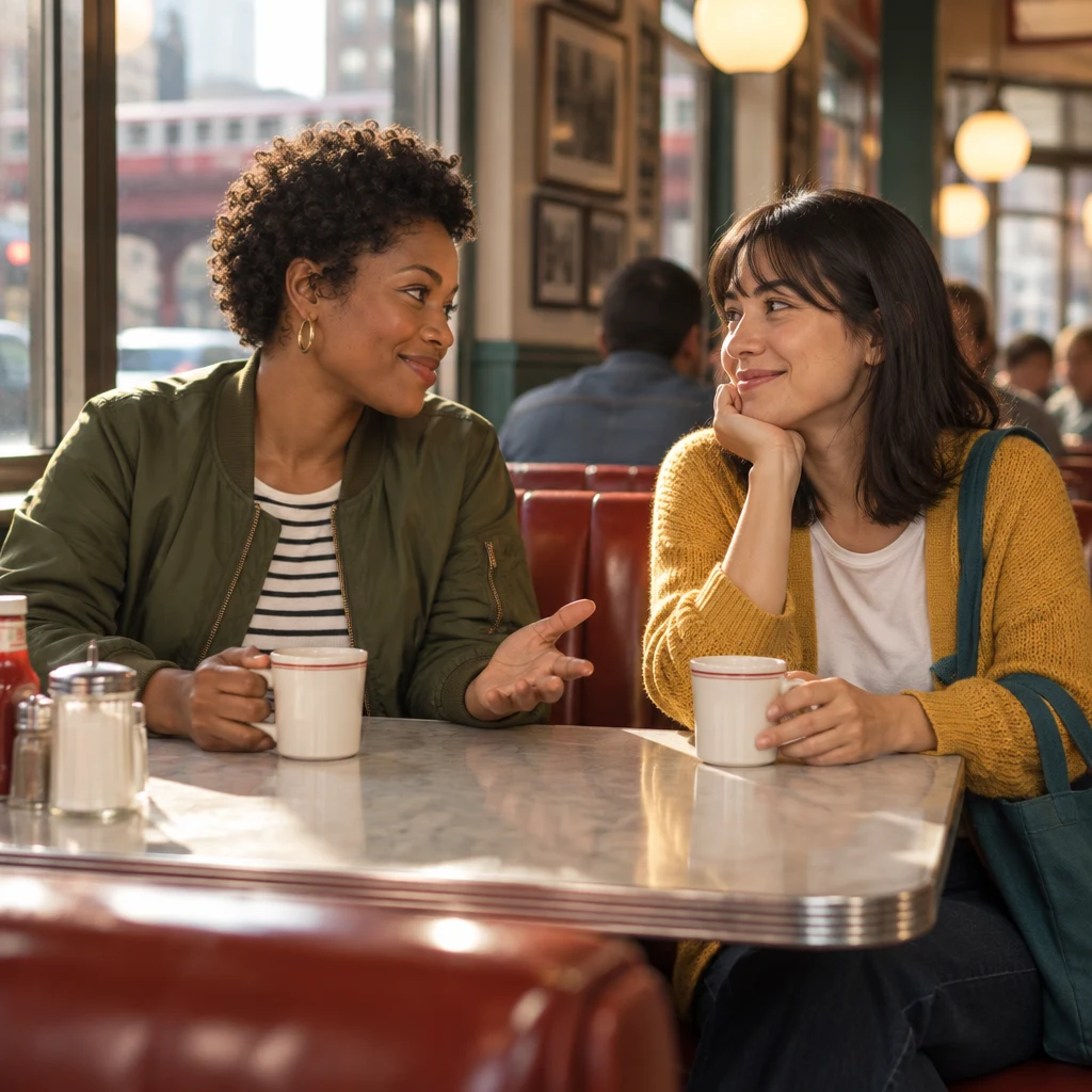 Tasha leans toward Ana with an eager gesture as Ana looks pleased to be waiting for something.