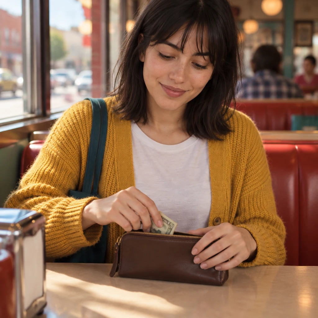 Ana keeps her money tucked away in her closed purse as she thinks about saving for later.