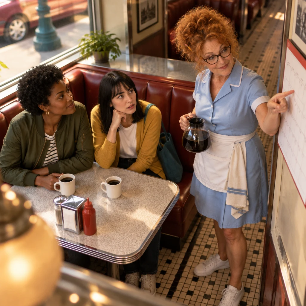 Dee indicates the empty calendar while Ana listens and Tasha remains beside her in the booth.