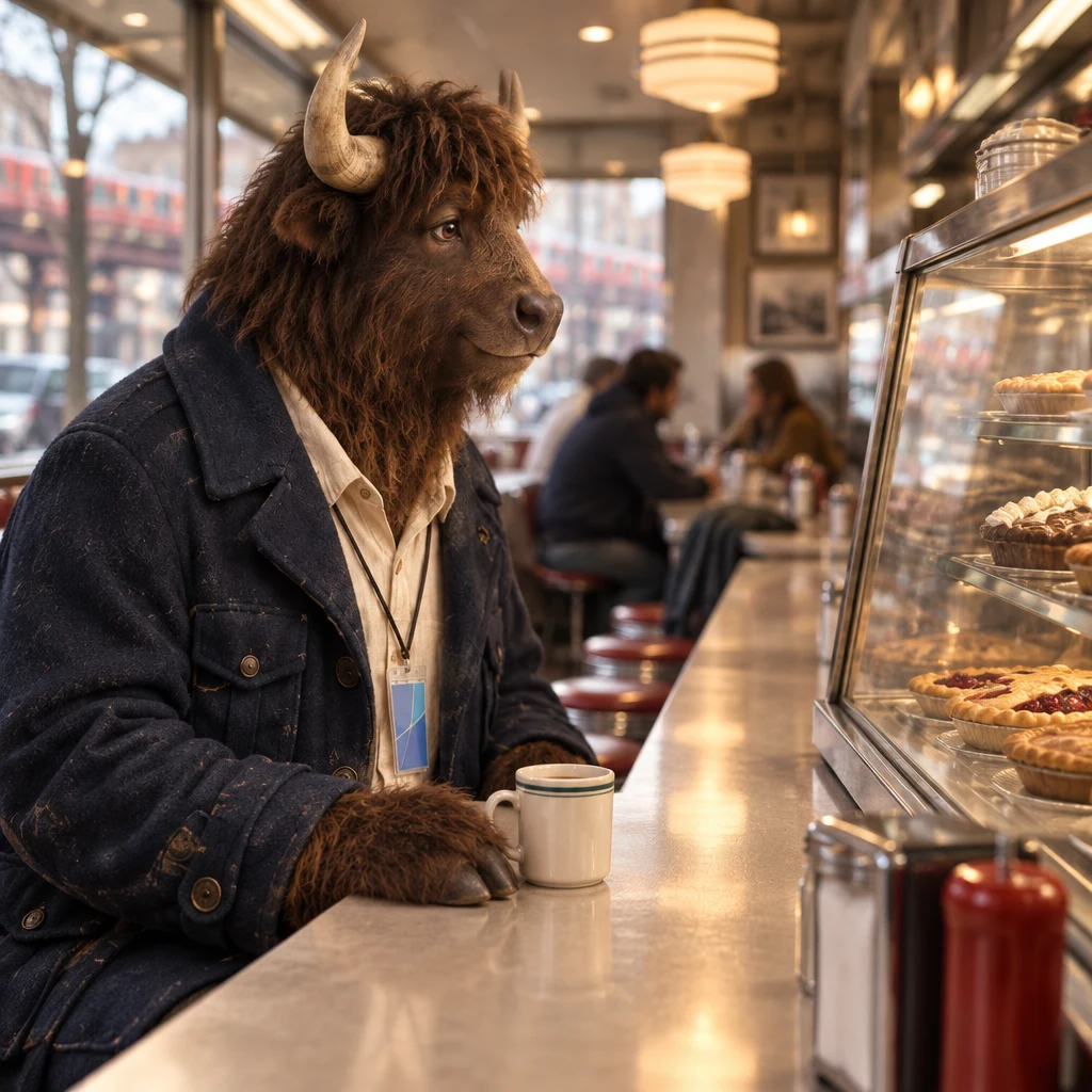 Murray studies the pie case thoughtfully as he continues looking for an answer.